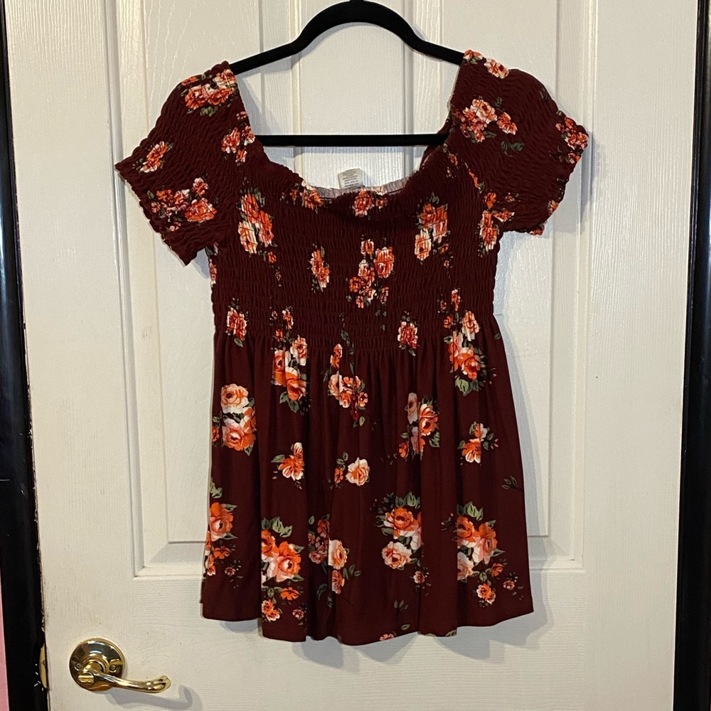 Burgundy floral off the shoulder top